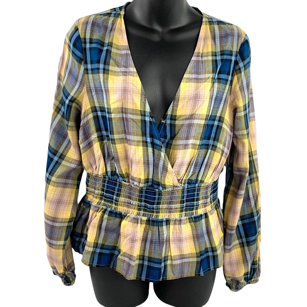EXPRESS Blue Yellow‎ Plaid V Cut Rayon Long Sleeve Top